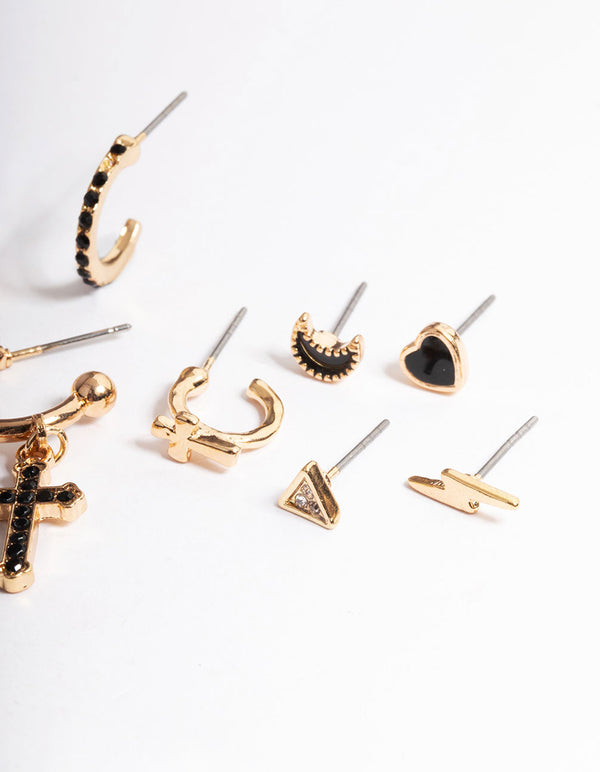 Gold Cross & Symbol Stack Earrings