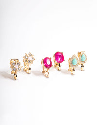 Gold Flower Stone Clip On Earrings 5-Pack - link has visual effect only