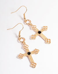 Gold Ornate Black Cross Drop Earrings - link has visual effect only
