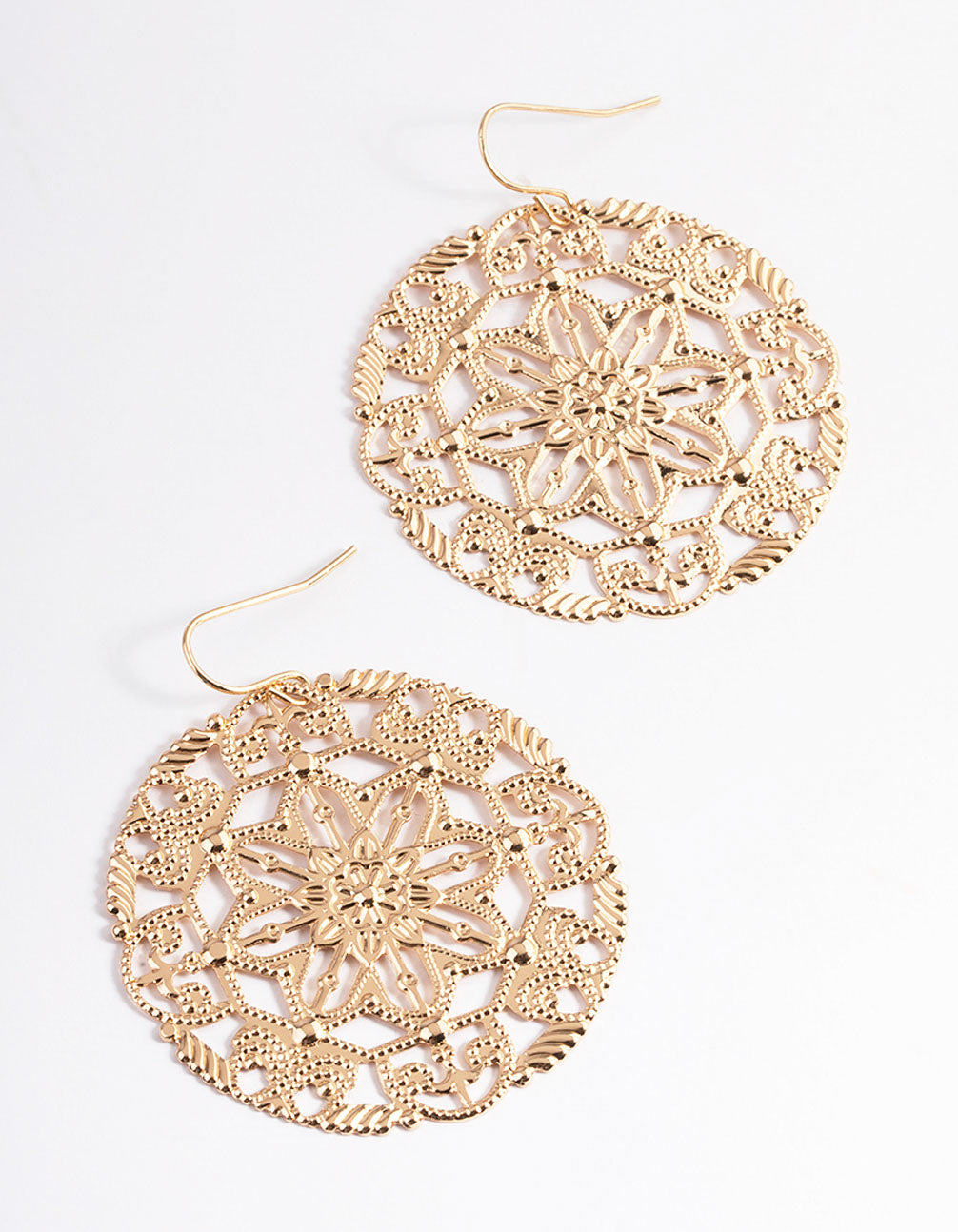 Gold Ornate Round Stamp Drop Earrings
