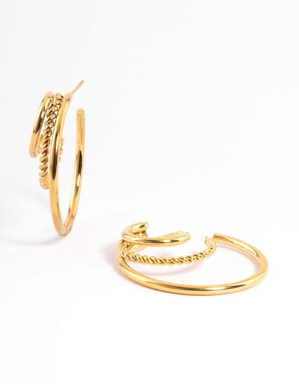 Waterproof Gold Plated Stainless Steel Plain & Twist Three Hoop Earrings