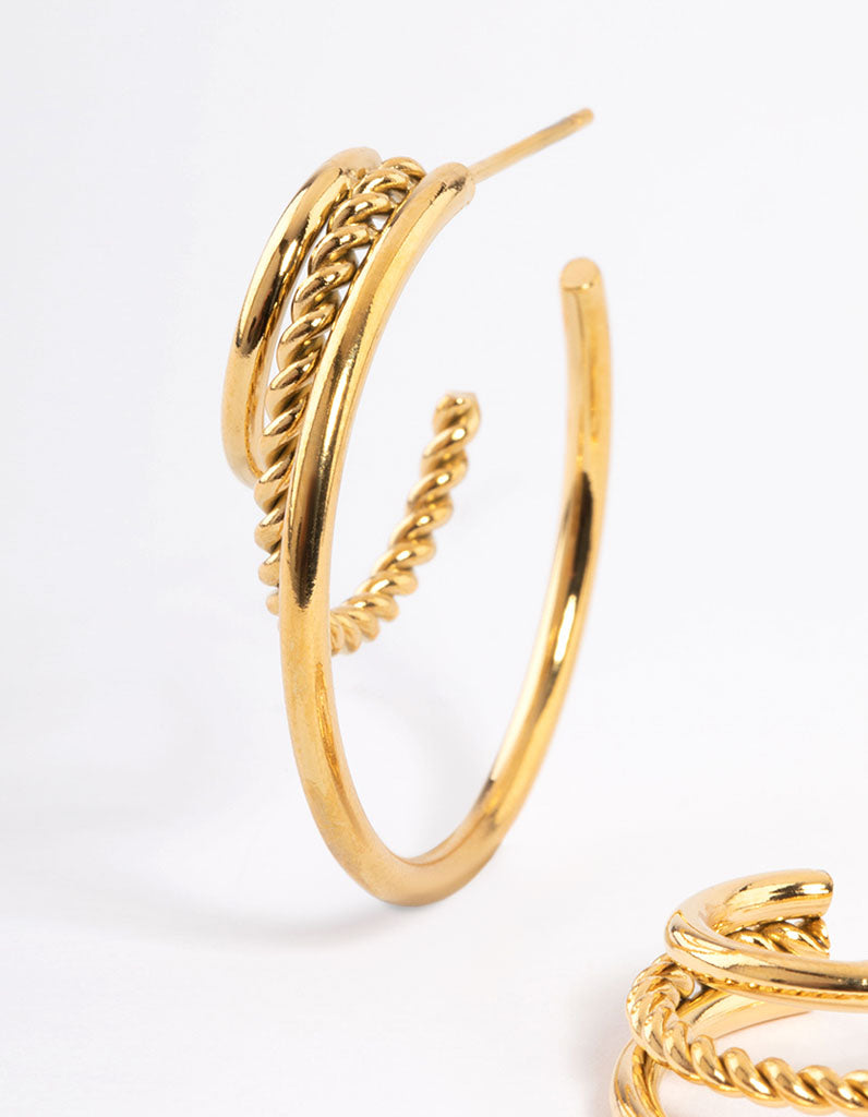 Waterproof Gold Plated Stainless Steel Plain & Twist Three Hoop Earrings