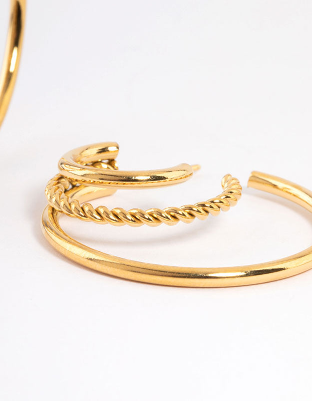 Waterproof Gold Plated Stainless Steel Plain & Twist Three Hoop Earrings