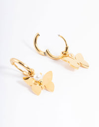 Waterproof Gold Plated Stainless Steel Butterfly Pearl Huggie Earrings - link has visual effect only