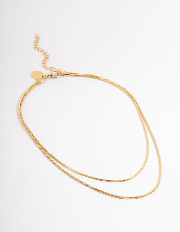 Waterproof Gold Plated Stainless Steel Thin Herringbone Two Layered Necklace