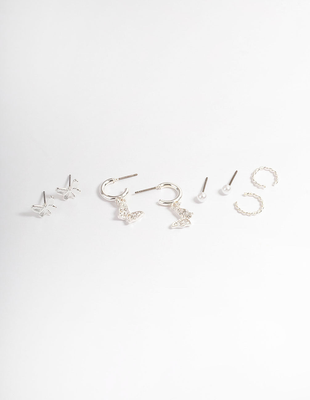 Silver Crystal Butterfly & Pearl Earrings 4-Pack