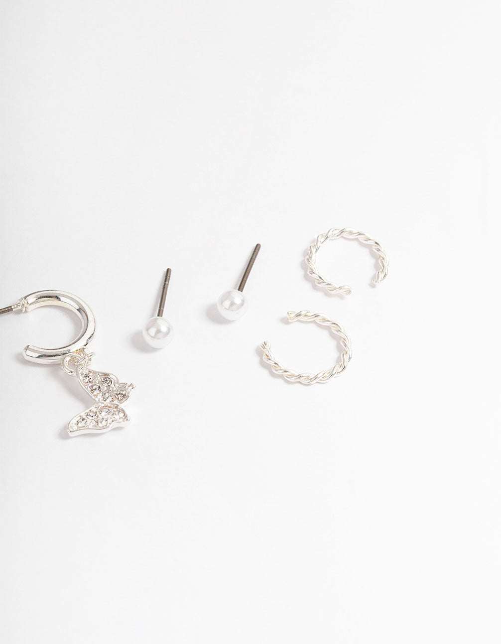 Silver Crystal Butterfly & Pearl Earrings 4-Pack