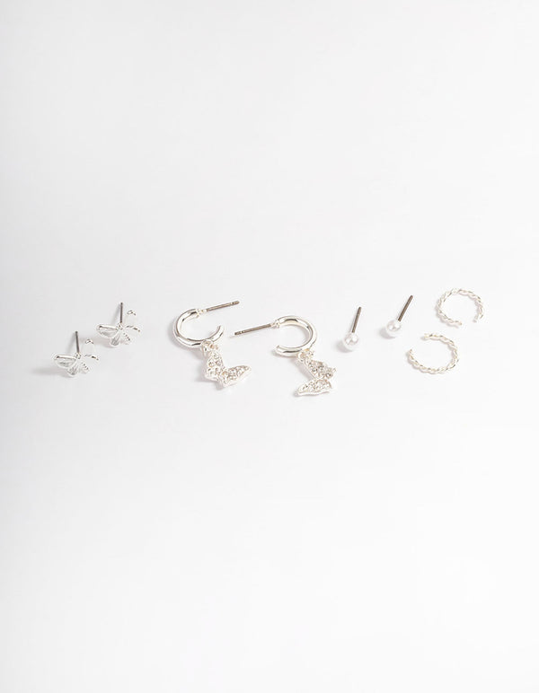 Silver Crystal Butterfly & Pearl Earrings 4-Pack