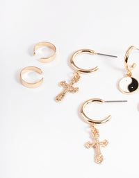 Gold Cross Yin & Yang Earrings 4-Pack - link has visual effect only