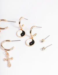 Gold Cross Yin & Yang Earrings 4-Pack - link has visual effect only