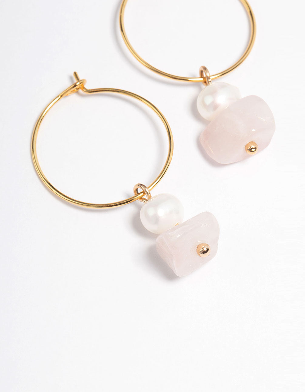 Gold Plated Rose Quartz Freshwater Pearl Wire Hoop Earrings