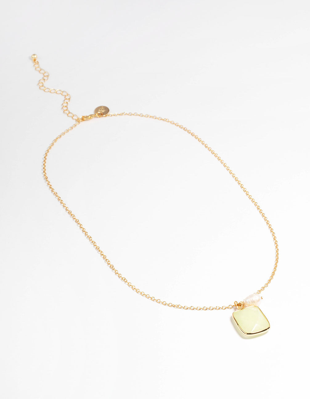 Gold Plated Green Fluorite Freshwater Pearl Square Charm Necklace