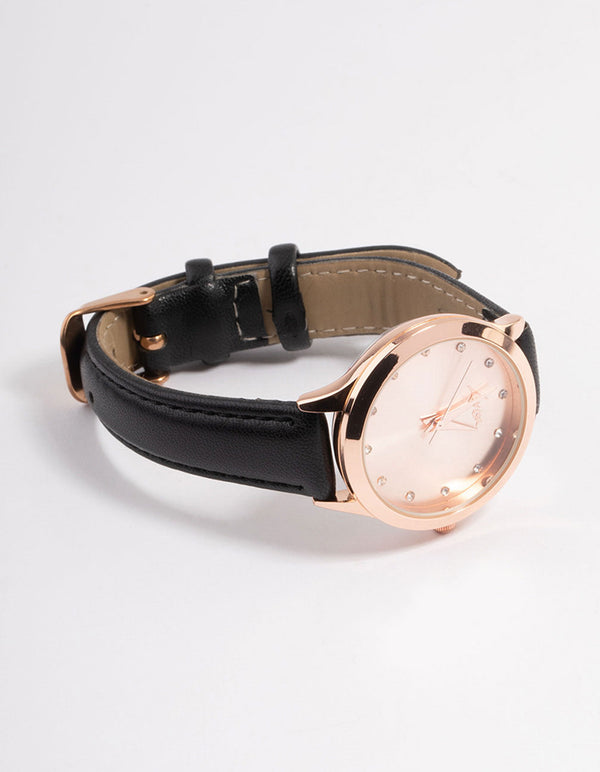 Rose Gold Diamante Black Leather Watch