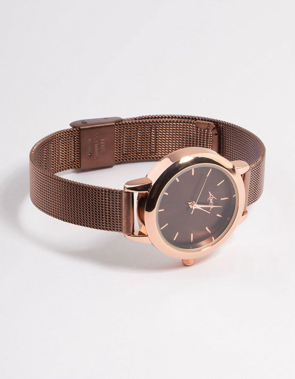 Rose Gold Small Black Simple Mesh Watch