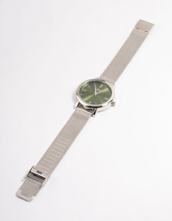 Silver Green Simple Medium Mesh Watch