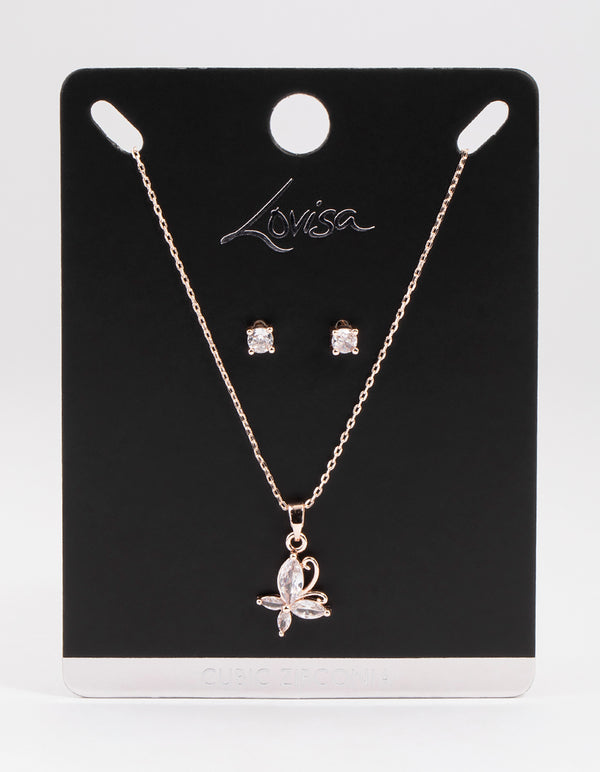 Rose Gold Cubic Zirconia Marquise Butterfly Earrings & Necklace Set