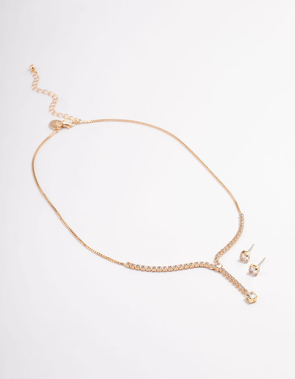 Gold Cubic Zirconia Y-Neck Earrings & Necklace Set