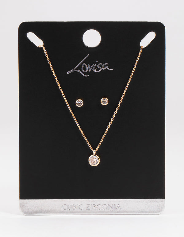 Gold Cubic Zirconia Bezel Earrings & Necklace Set
