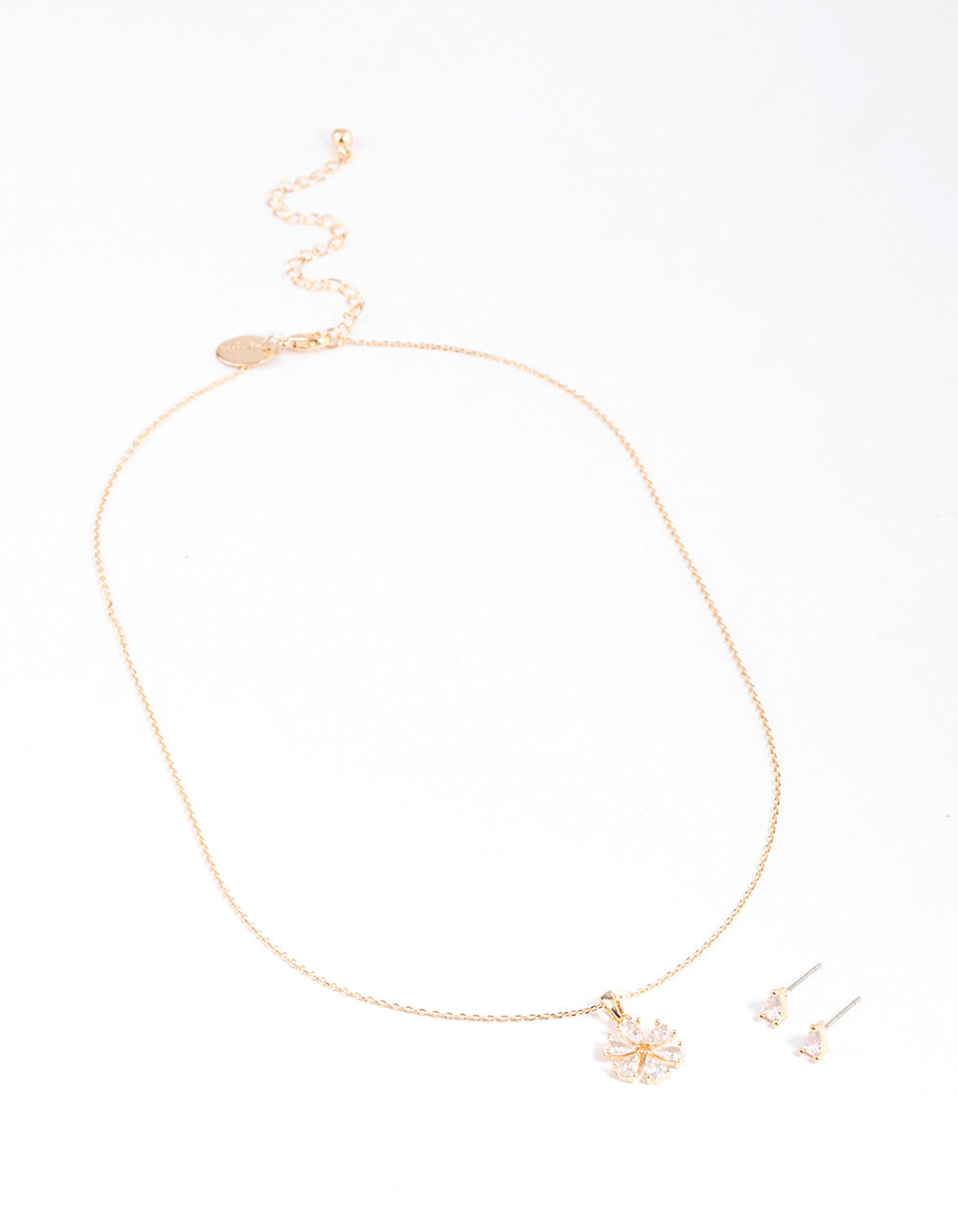 Gold Cubic Zirconia Pear Flower Earrings & Necklace Set