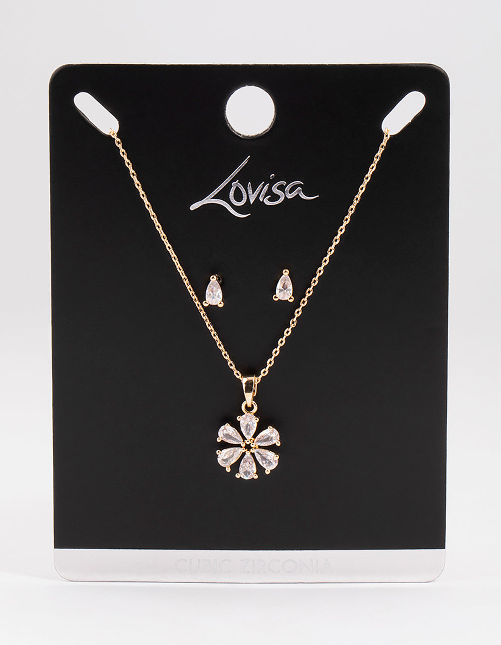 Gold Cubic Zirconia Pear Flower Earrings & Necklace Set