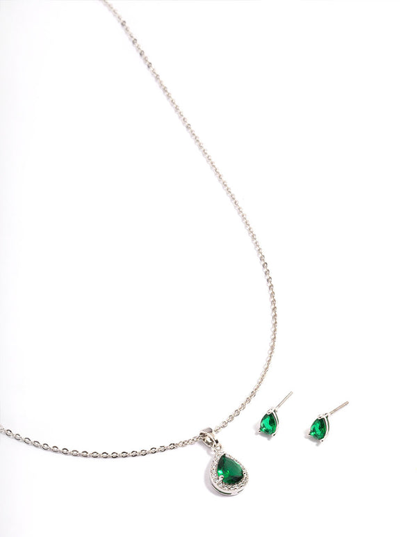 Silver Cubic Zirconia Pearl Halo Earrings & Necklace Set