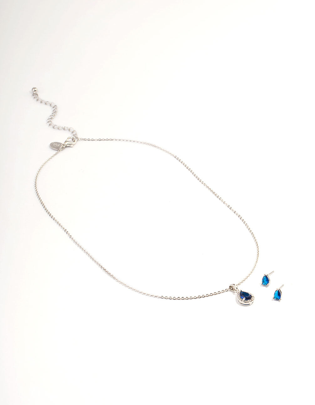 Silver Blue Cubic Zirconia Pear Halo Earrings & Necklace Set