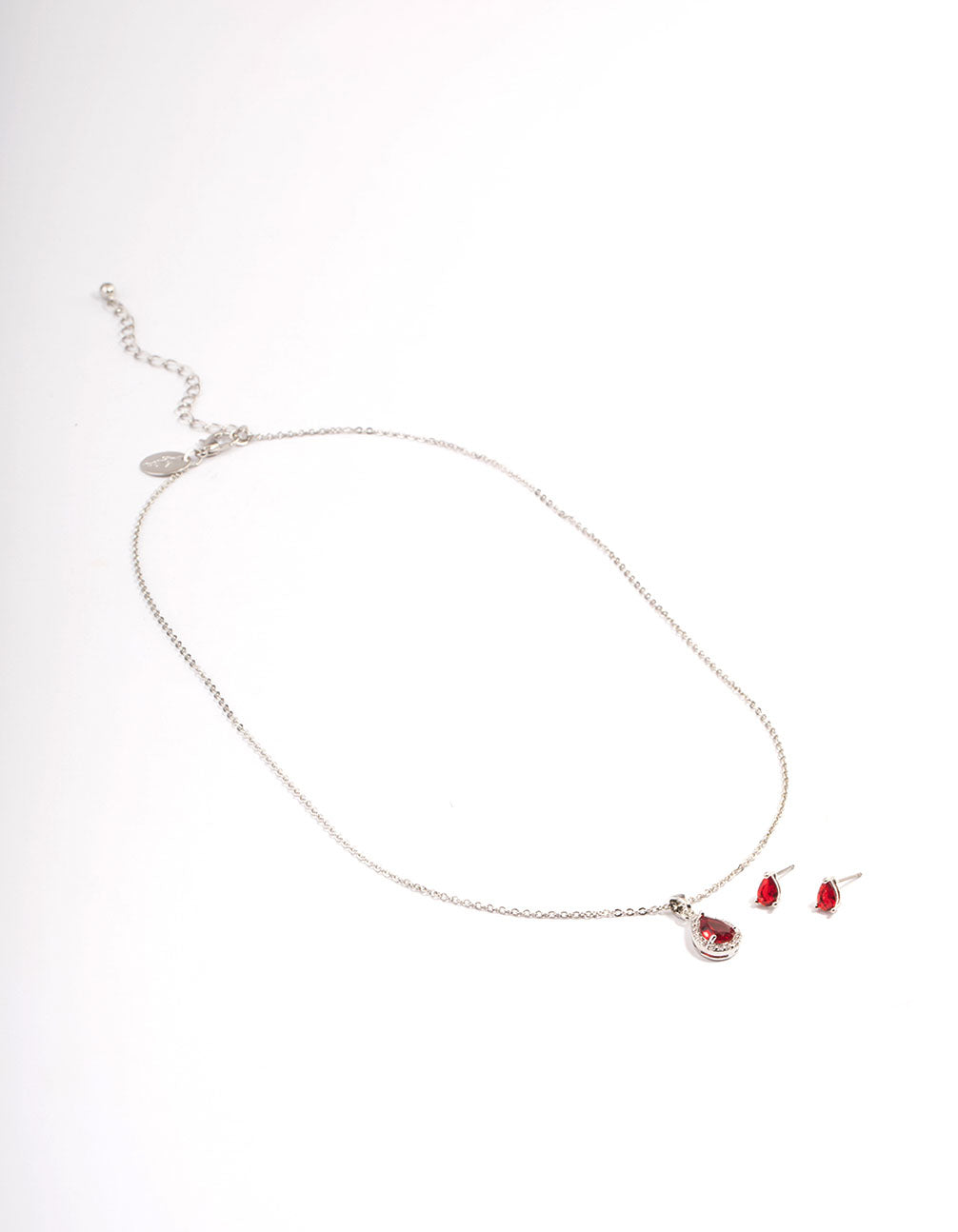 Silver Red Cubic Zirconia Pear Halo Earrings & Necklace Set