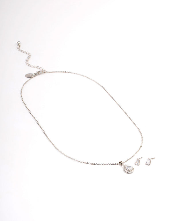 Silver Cubic Zirconia Pear Halo Earrings & Necklace Set