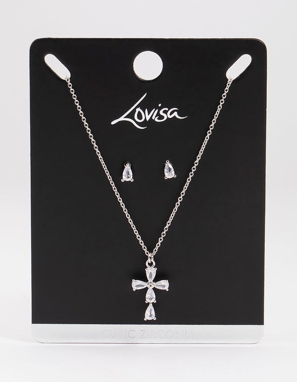 Rhodium Cubic Zirconia Cross Earrings & Necklace Set
