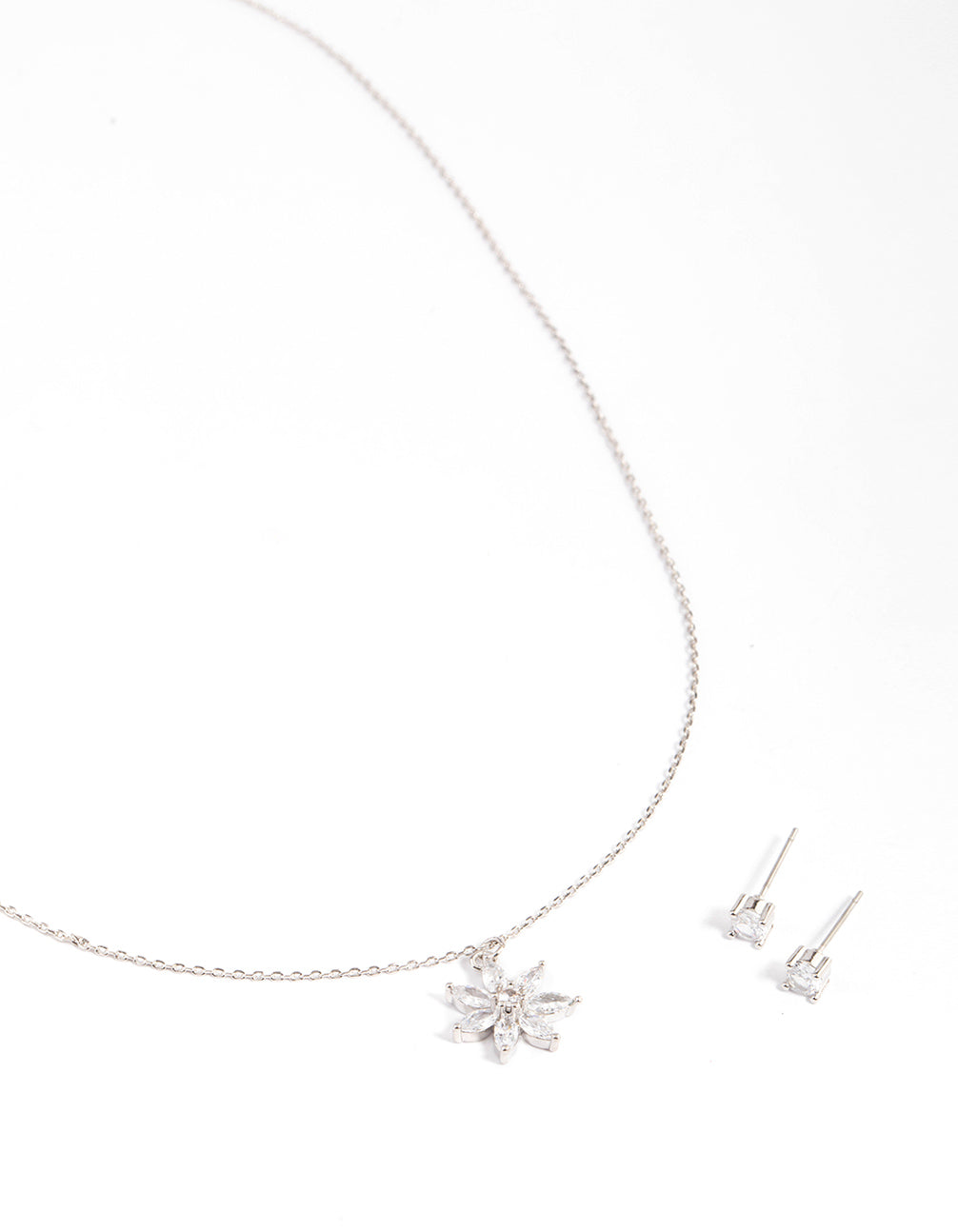 Silver Cubic Zirconia Marquise Flower Earrings & Necklace Set