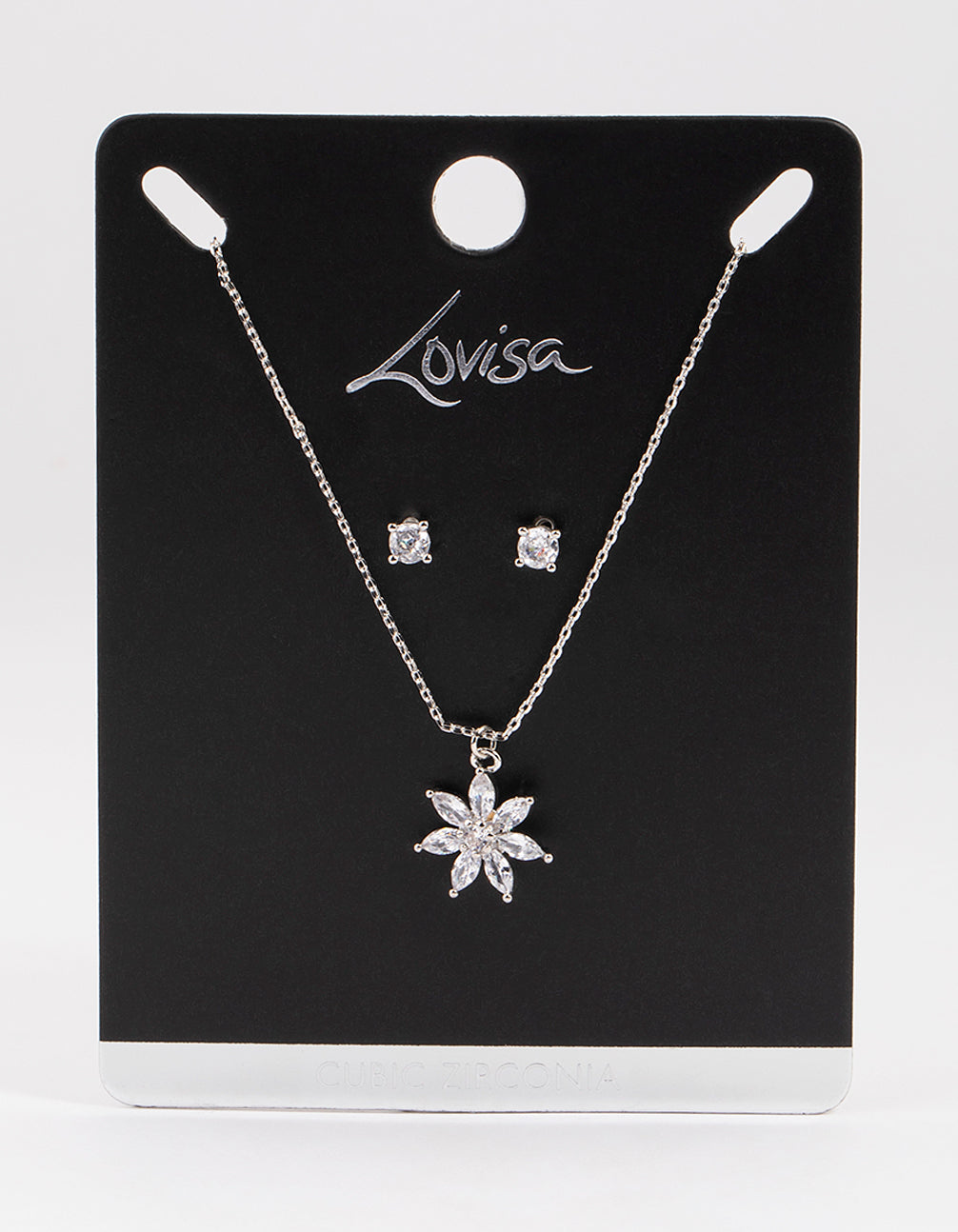 Silver Cubic Zirconia Marquise Flower Earrings & Necklace Set