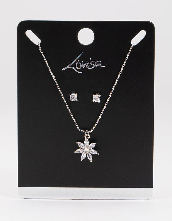 Silver Cubic Zirconia Marquise Flower Earrings & Necklace Set