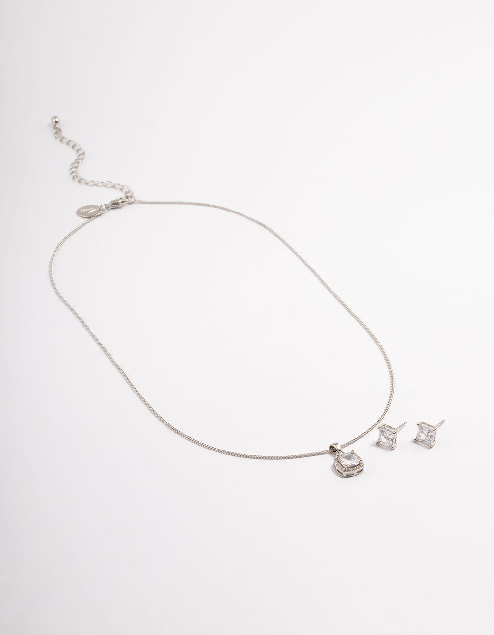 Silver Square Halo Earrings & Necklace Set