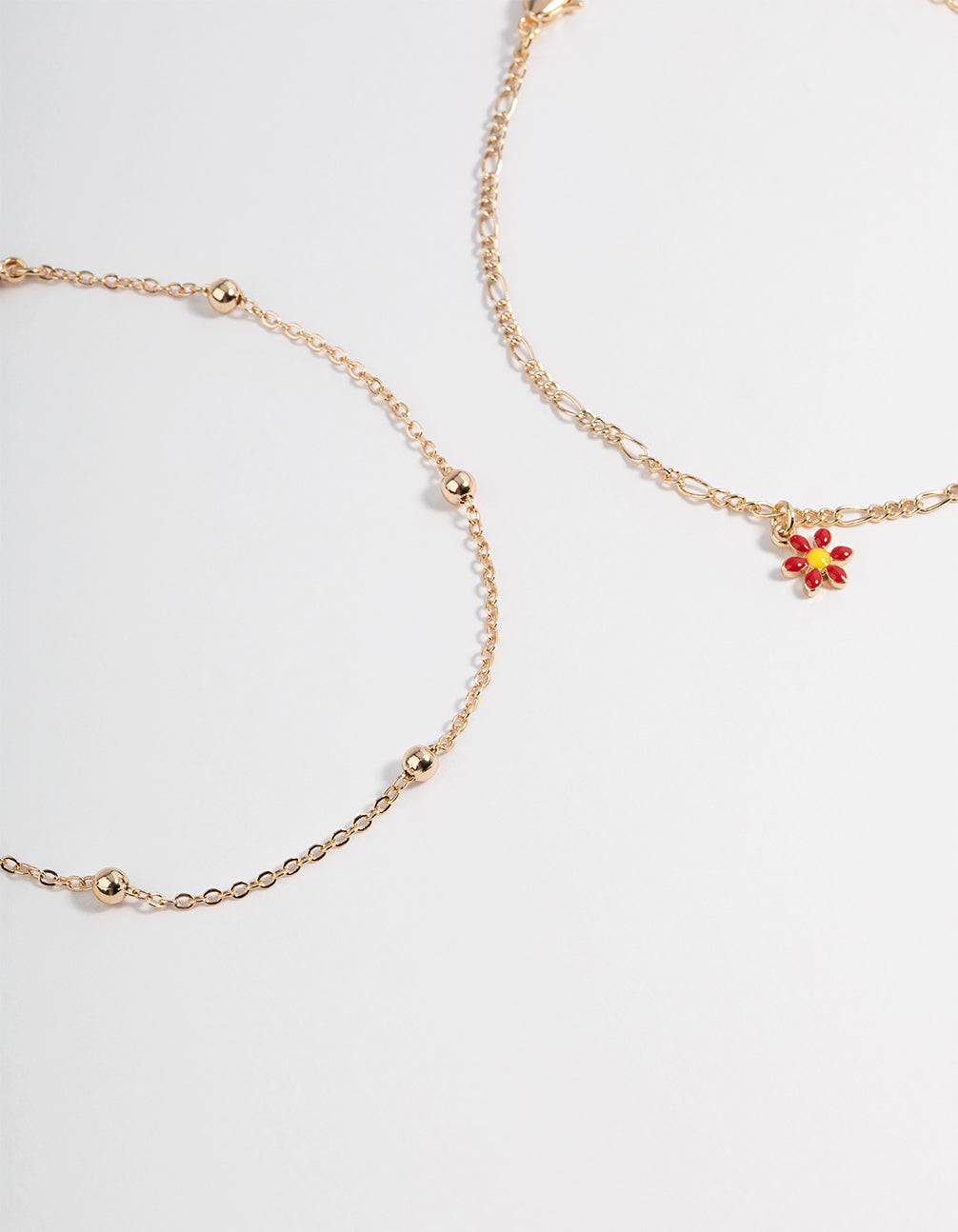 Gold Three Layer Flower Multi Anklet