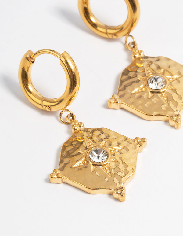 Gold Plated Stainless Steel Diamante Hammered Drop Huggie Earrings