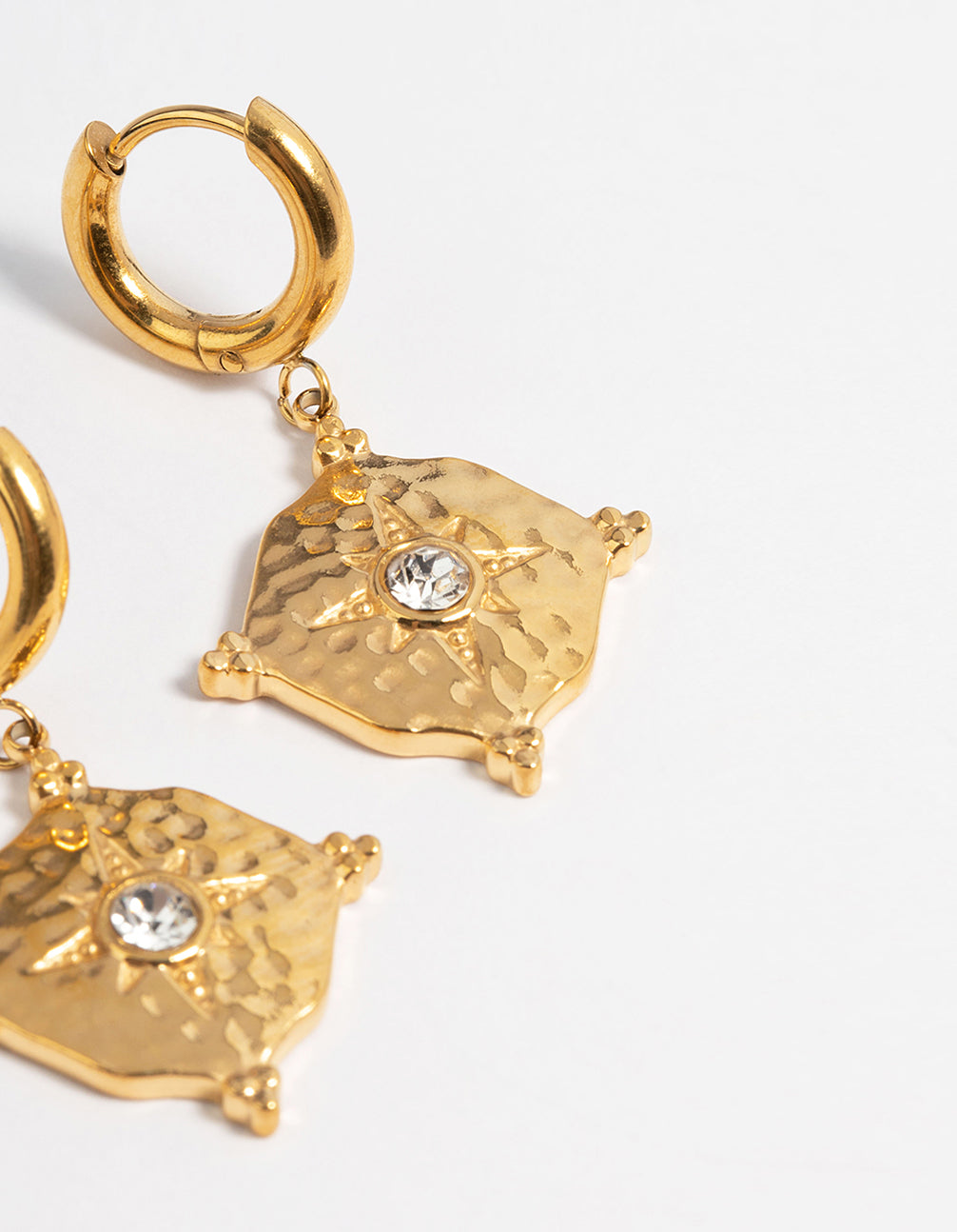 Gold Plated Stainless Steel Diamante Hammered Drop Huggie Earrings