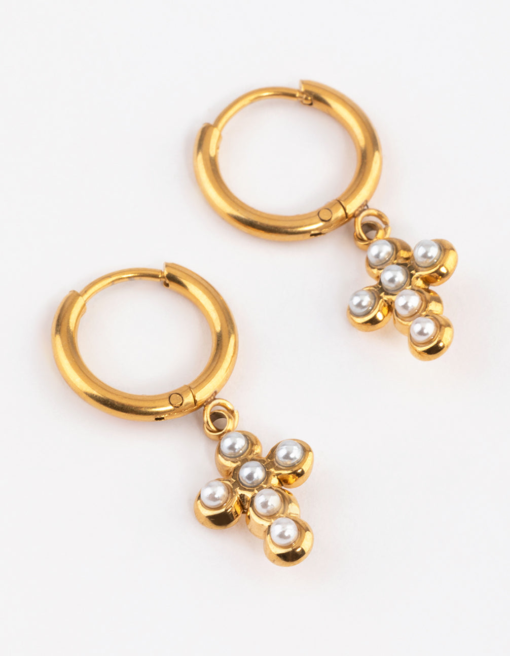 Gold Plated Stainless Steel Pearl Cross Huggie Earrings