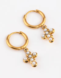 Gold Plated Stainless Steel Pearl Cross Huggie Earrings - link has visual effect only