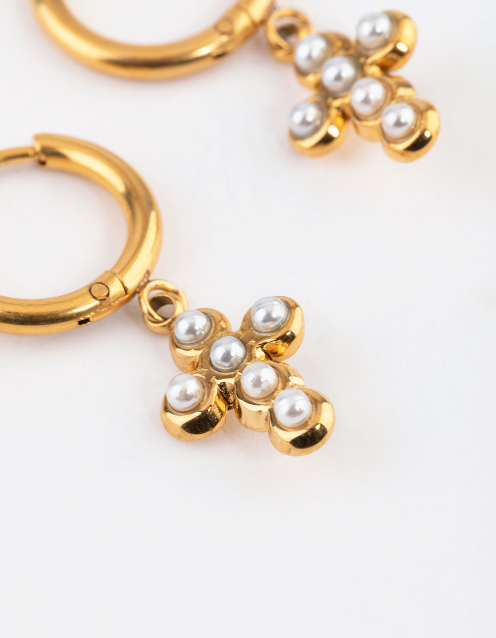 Gold Plated Stainless Steel Pearl Cross Huggie Earrings