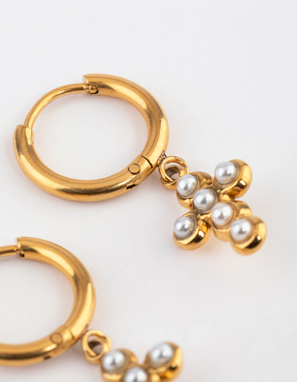 Gold Plated Stainless Steel Pearl Cross Huggie Earrings