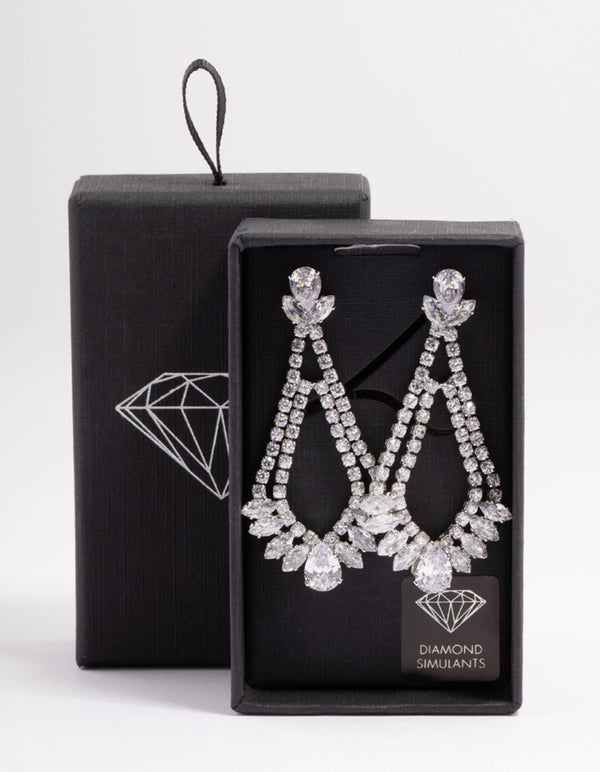 Diamond Simulant Silver Fan Detail Teardrop Earrings