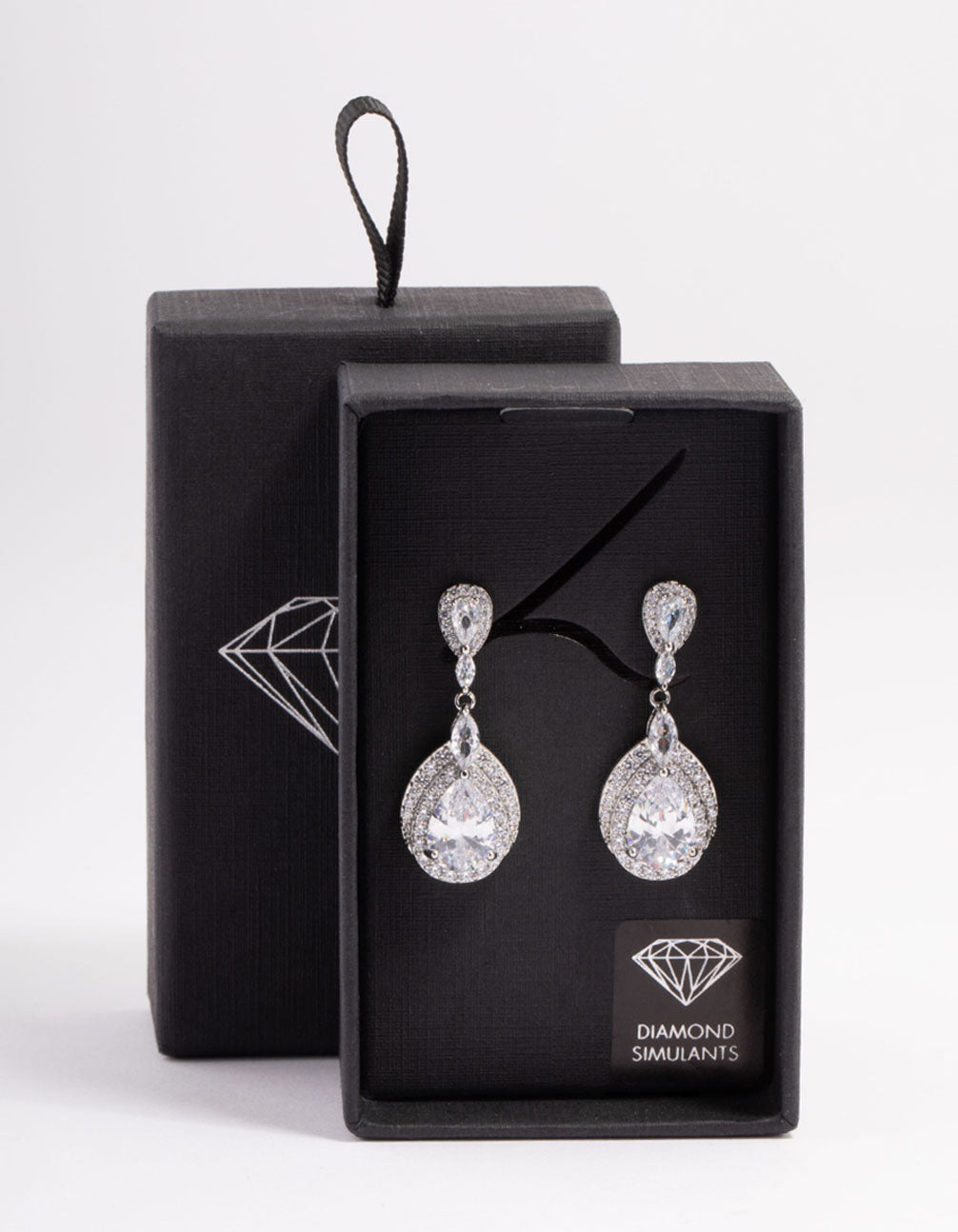 Silver Diamond Simulant Detail Pear Drop Earrings