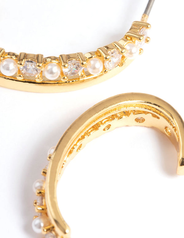 Gold Plated Pearl Cubic Zirconia Long Double Cuff Hoop Earrings