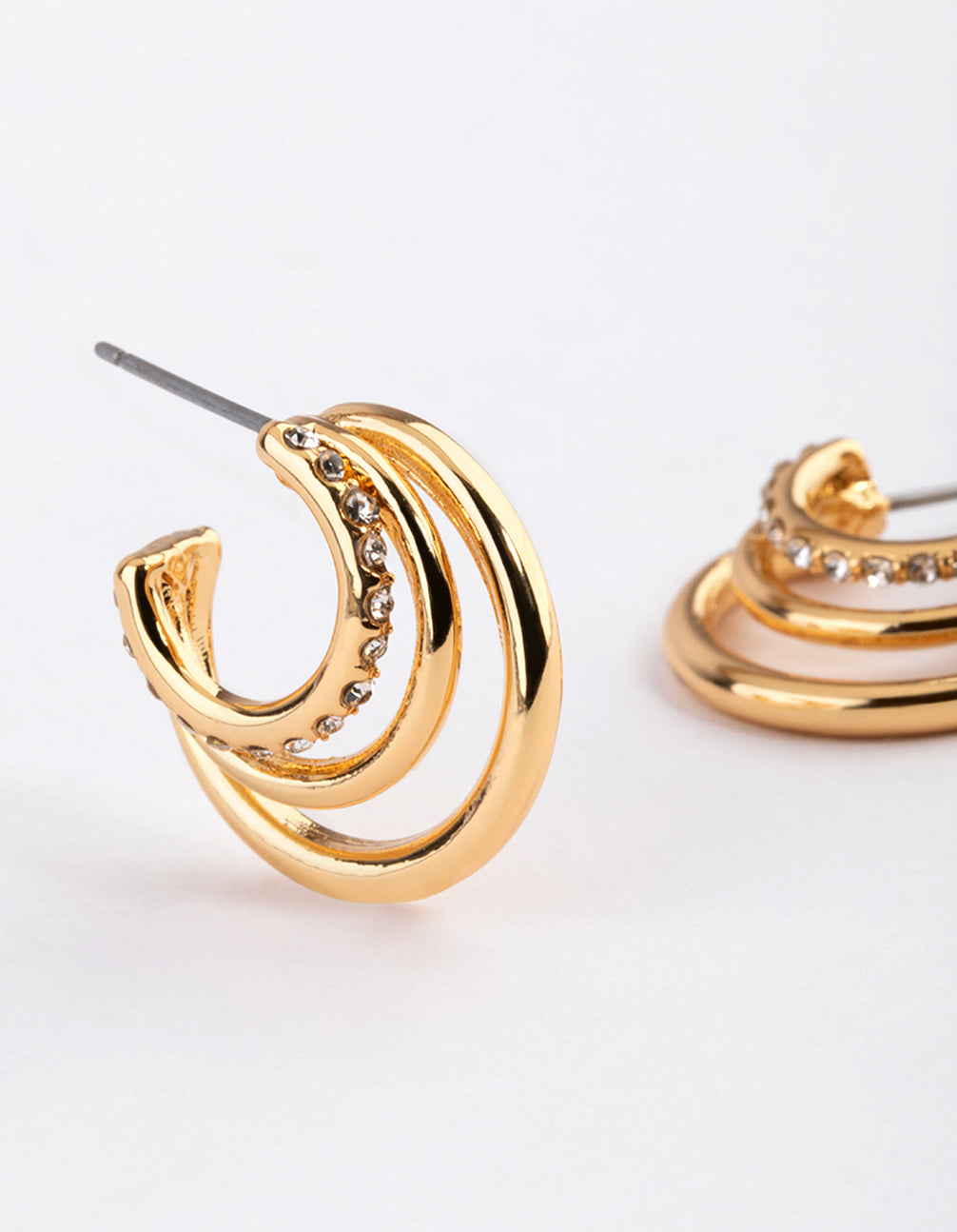 Gold Plated Diamante Gradual Layer Triple Hoop Earrings