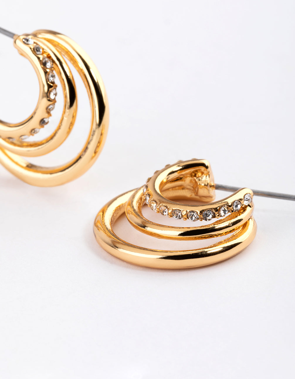 Gold Plated Diamante Gradual Layer Triple Hoop Earrings