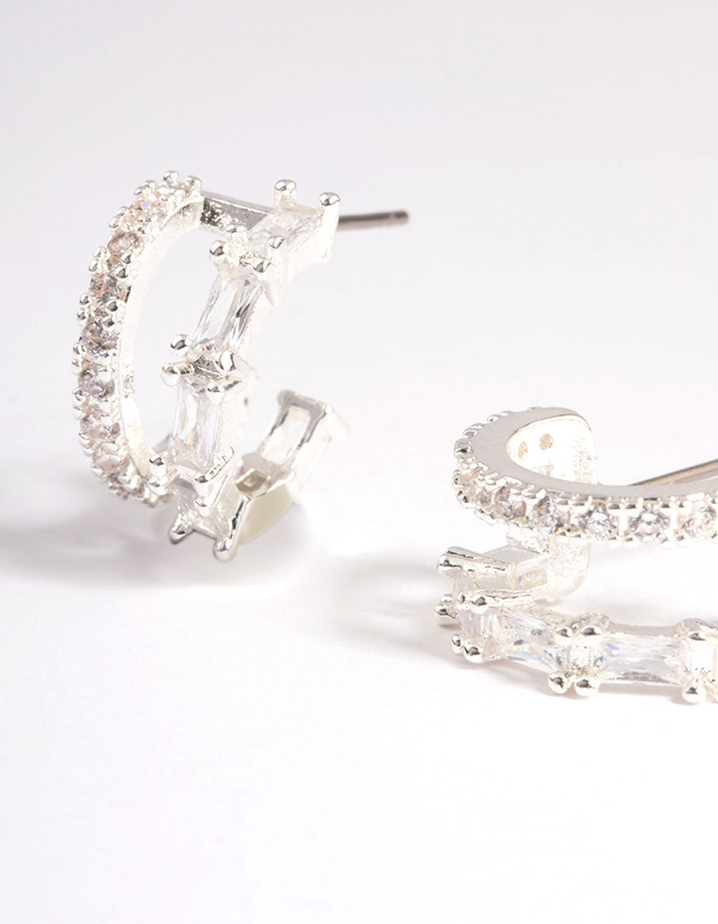Silver Plated Diamante Baguette Double Cuff Hoop Earrings