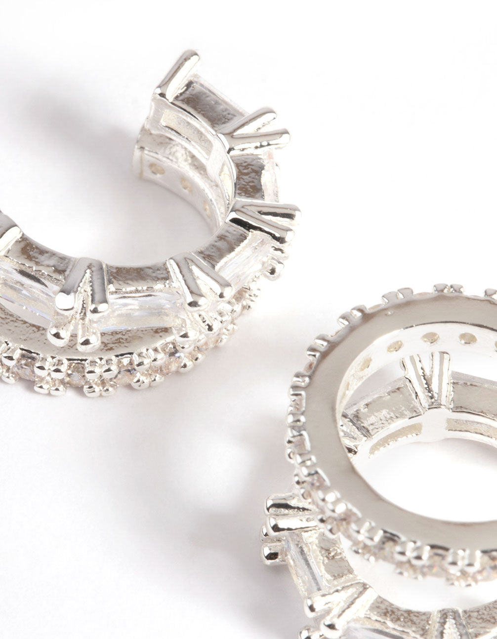 Silver Plated Diamante Baguette Double Cuff Hoop Earrings