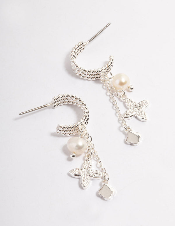 Silver Plated Charm & Freshwater Pearl Triple Hoop Earrings