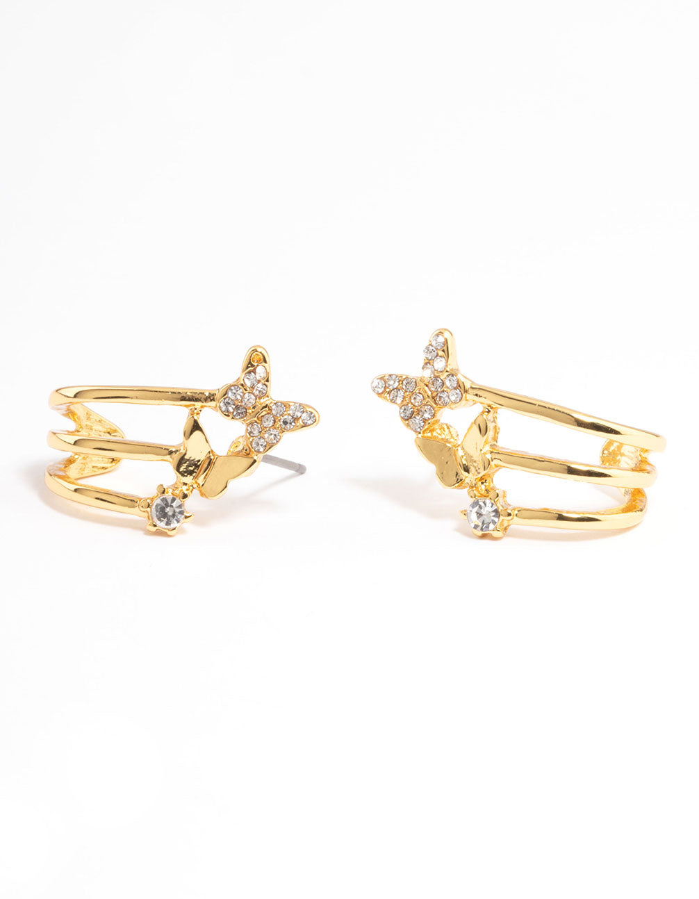 Gold Plated Diamante Butterfly Cuff Triple Hoop Earrings