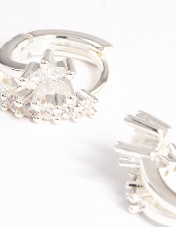 Silver Plated Cubic Zirconia Star Detail Double Huggie Earrings